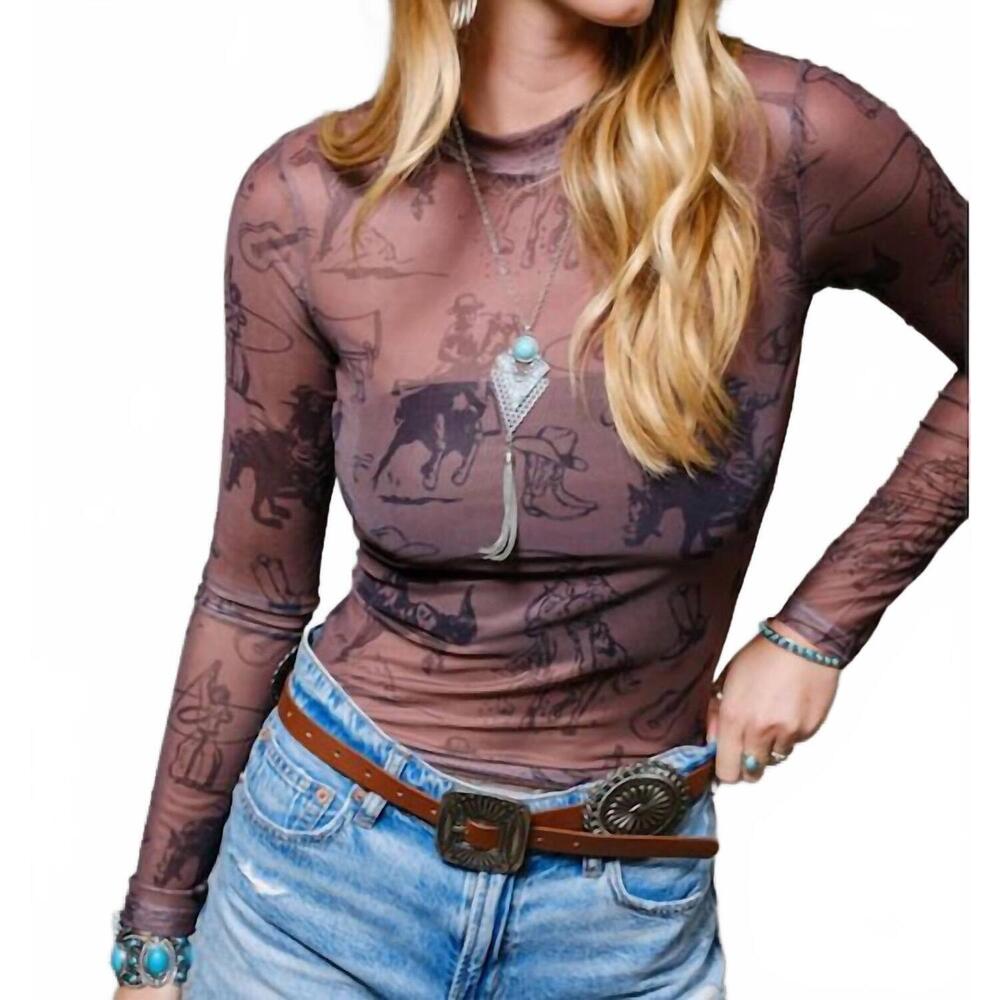 NEW BLUE B grit & grace mesh mock neck top in brown